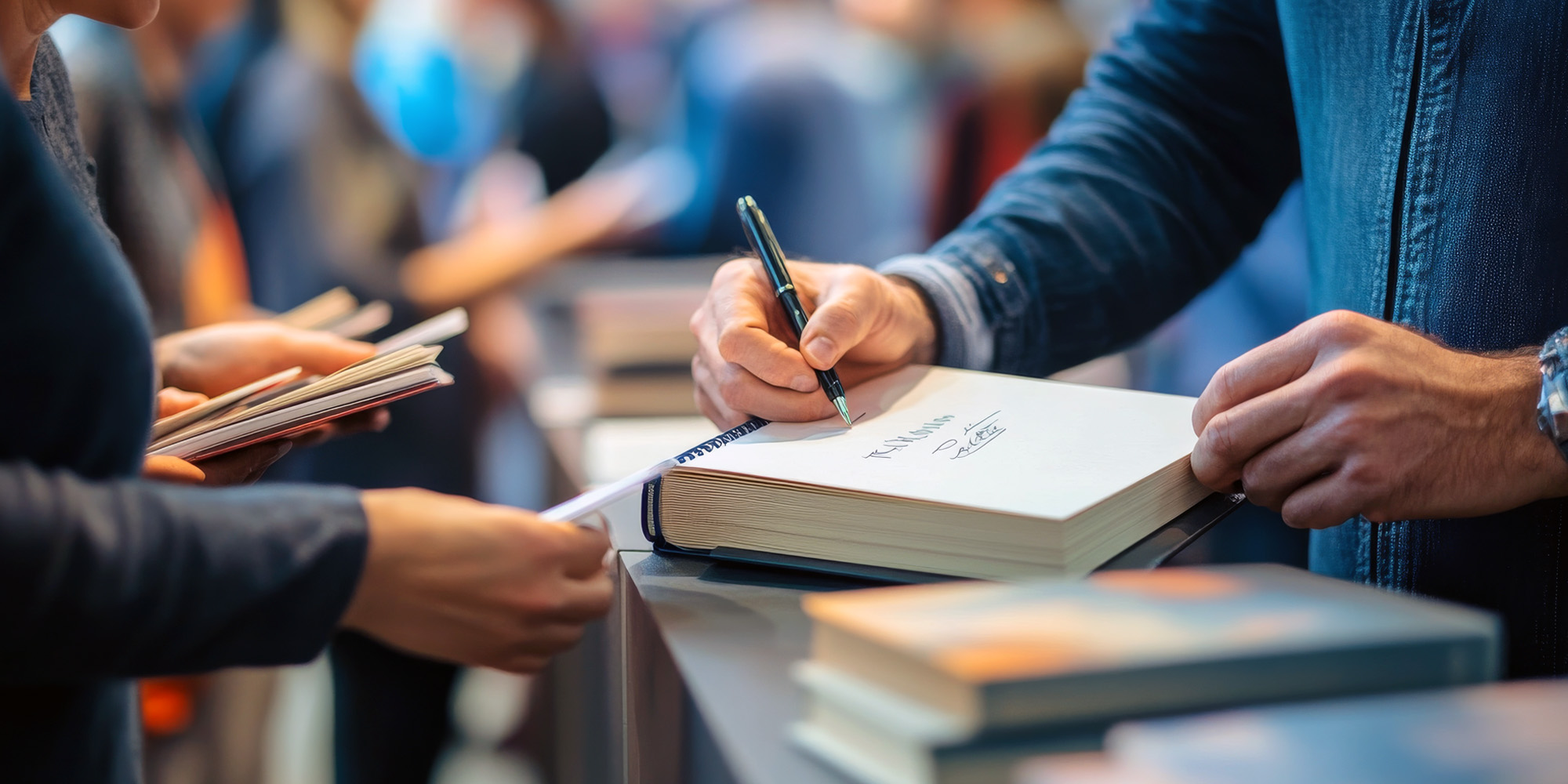 Image of author signing book and other people around