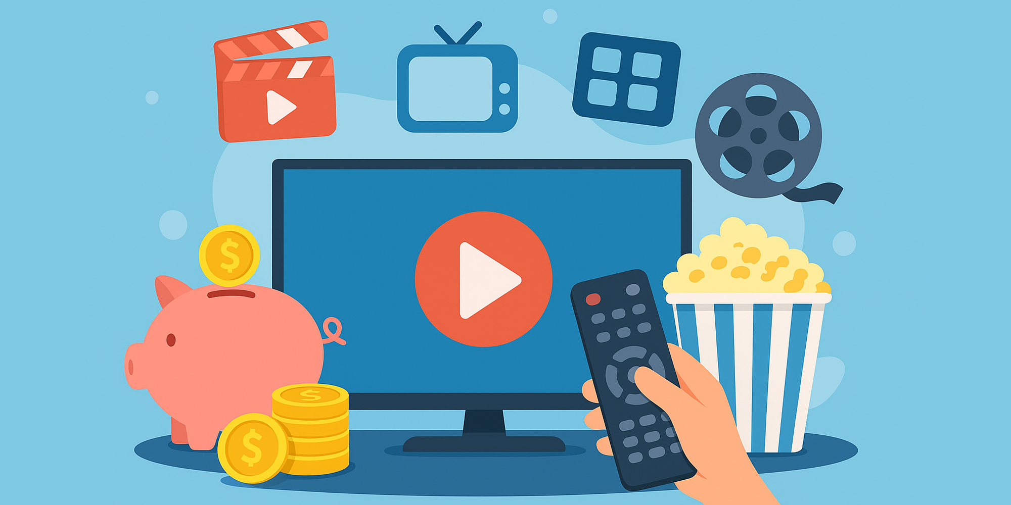 Illustration of a home entertainment setup with a TV displaying a play button, surrounded by icons for streaming, film, and television. In the foreground are a hand holding a remote, popcorn, a piggy bank, and coins, symbolizing affordable access to digital media.