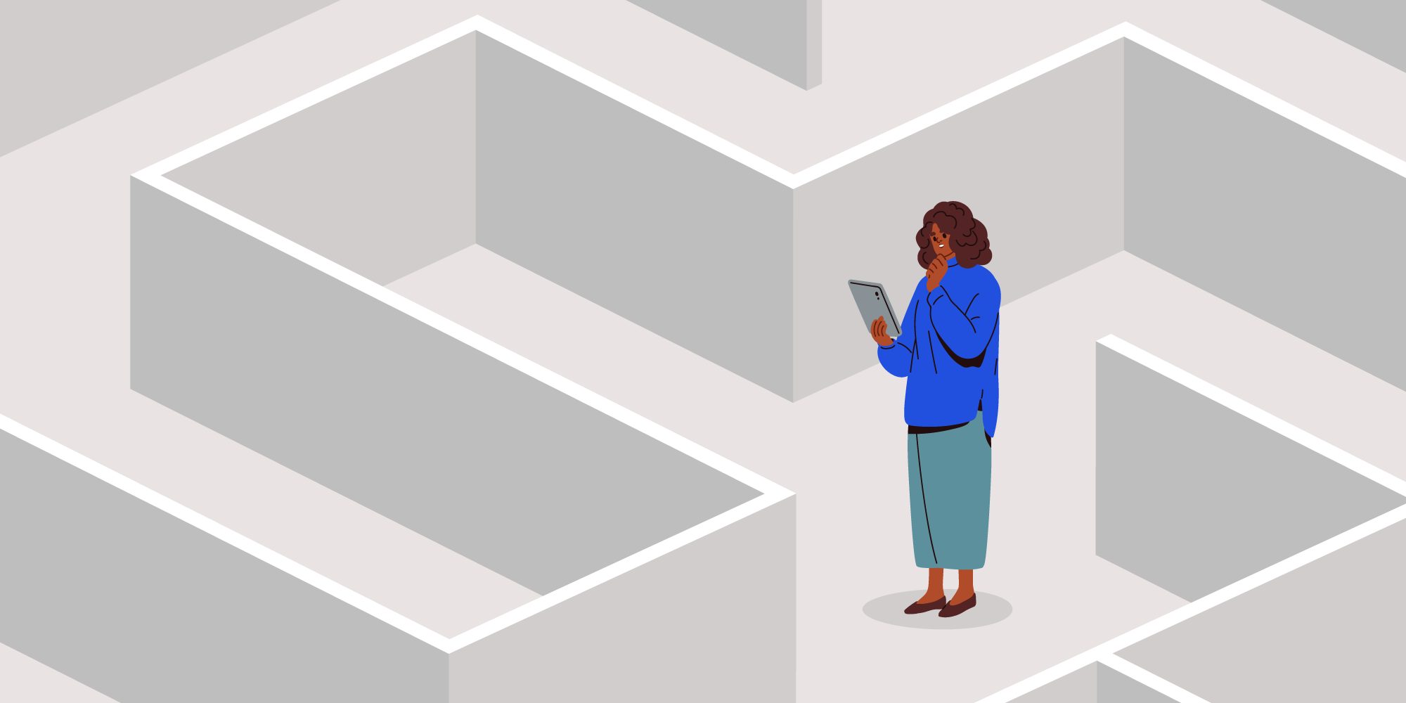 Woman on a digital device in a maze looking to navigate her issue.