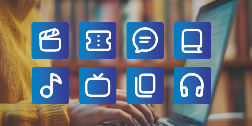 An image with someone on a laptop at the library. Icon's lay on top showing different formats for a digital library collection