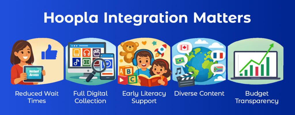 An infographic showing Why Hoopla Integration Matters with 5 different reasons why using graphics. The text below the five states this in order: "Reduced wait times, Full digital collection, Early literacy support, Diverse Content, and Budget transparency".
