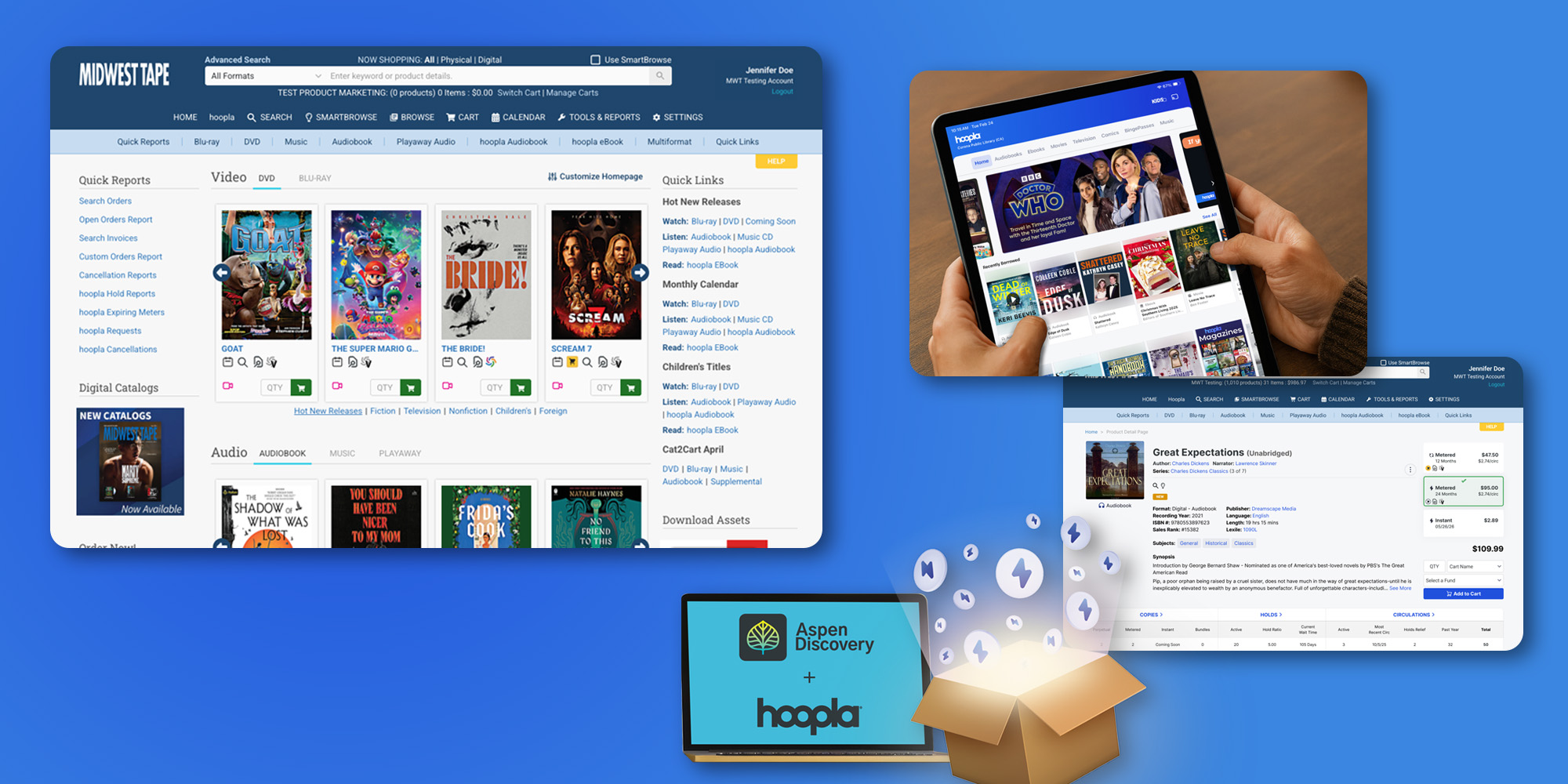 An image showing some of Hoopla's Consortium Offerings. Midwest Tape login, carousel customization, instant bundles box, Aspen integration on Hoopla, and the new look for libraries