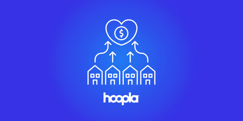 Hoopla logo with houses and arrows all leading up to a heart with the dollar sign in it