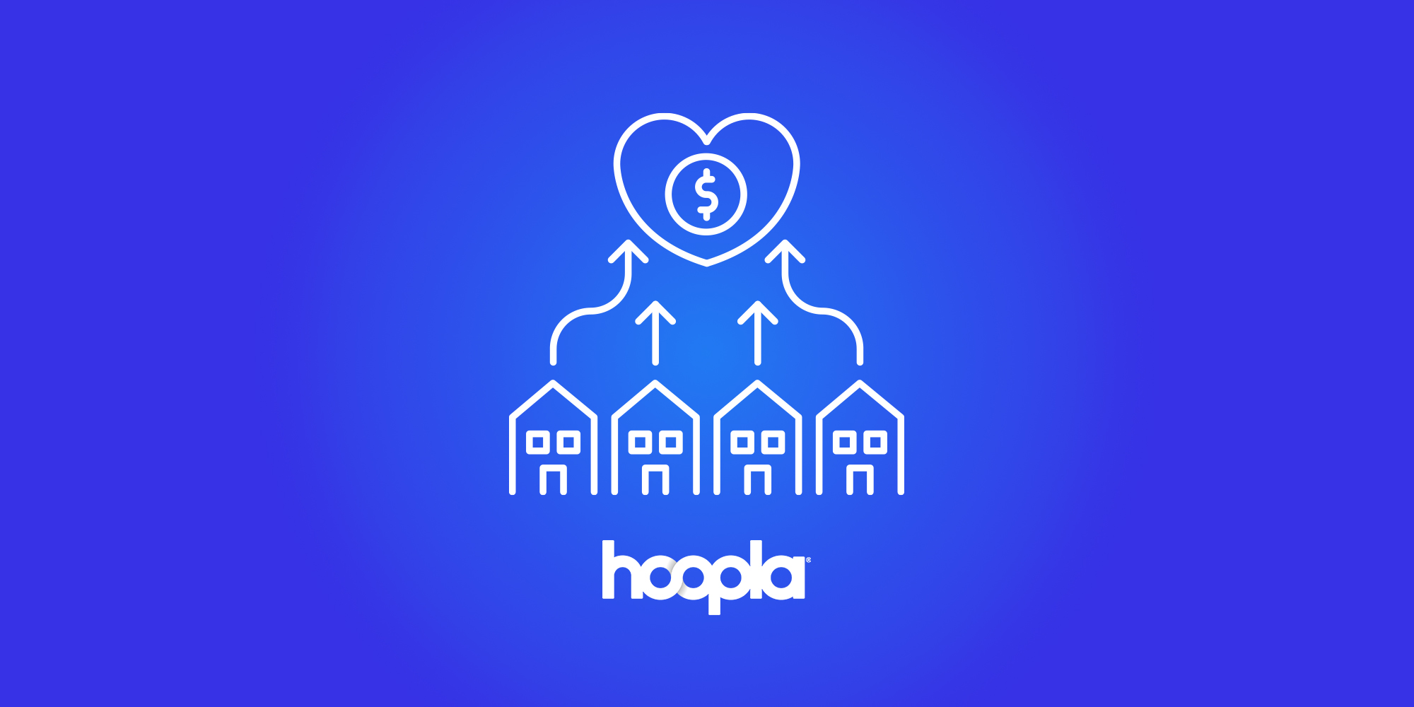 Hoopla logo with houses and arrows all leading up to a heart with the dollar sign in it