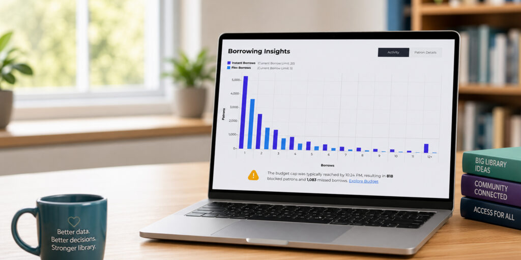 An image of a laptop on a desk in a library showcasing data for library patron usage